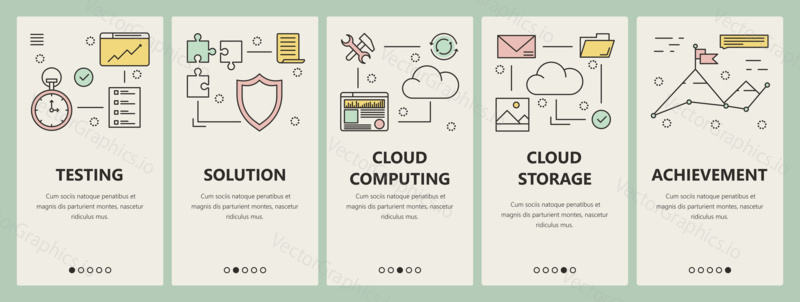 Vector set of vertical banners with Testing, Solution, Cloud computing, Cloud storage and Achievement concept templates. Modern thin line flat design symbols, icons for website menu, print.