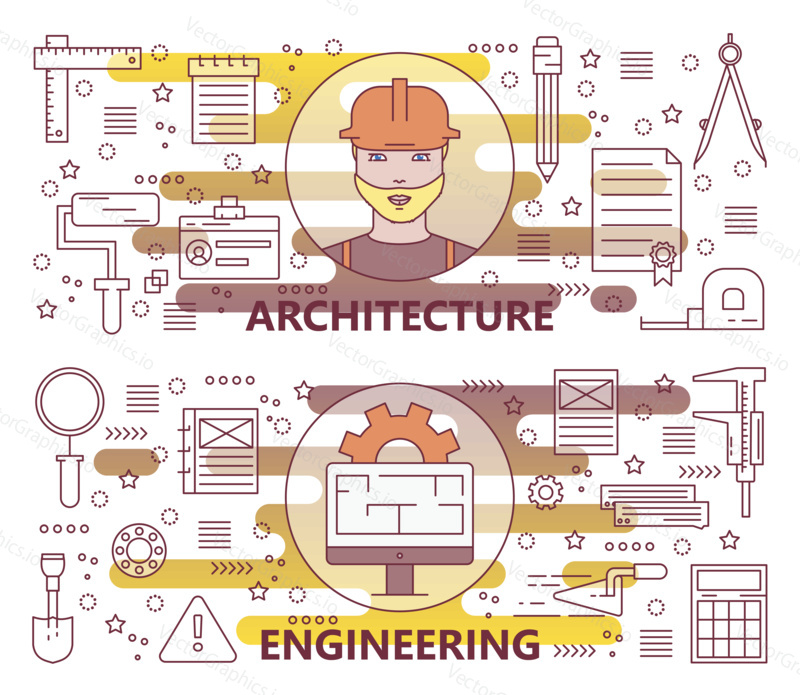 Vektorová sada bannerů architektury a inženýrské koncepce. Moderní tenké linie ploché designové prvky pro web, marketing, prezentaci a tisk.