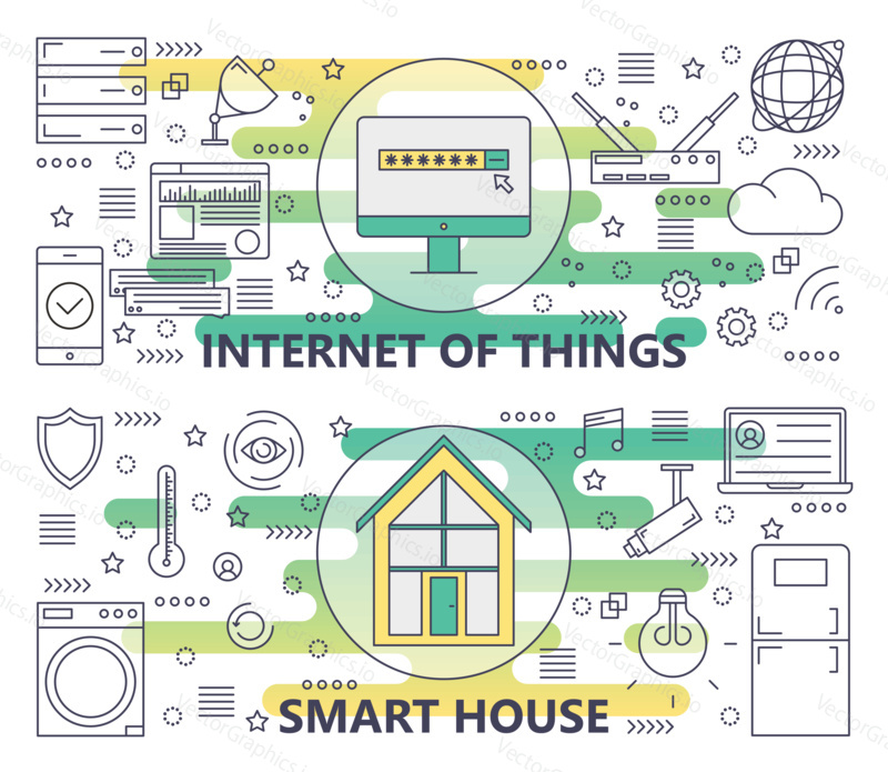 Vektorová sada internetu věcí a Smart House Concept bannery. Moderní tenké linie ploché designové prvky pro web, marketing, prezentaci a tisk.