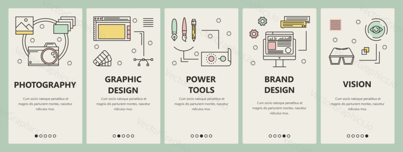 Vector set of vertical banners with Photography, Graphic design, Power tools, Brand design and Vision concept templates. Modern thin line flat symbols, icons for website menu, print.