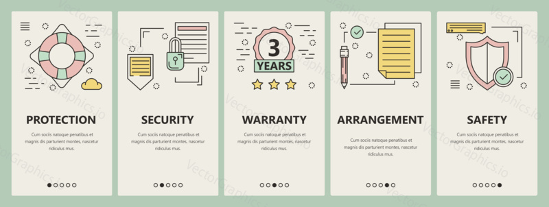 Vector set of insurance concept vertical banners. Protection, Security, Warranty, Arrangement and Safety templates. Modern thin line flat design elements, symbols, icons for website menu, print.