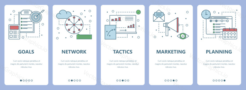 Vector set of vertical banners with Goals, Network, Tactics, Marketing, Planning concept web elements. Modern thin line flat symbols, icons for website menu, print.
