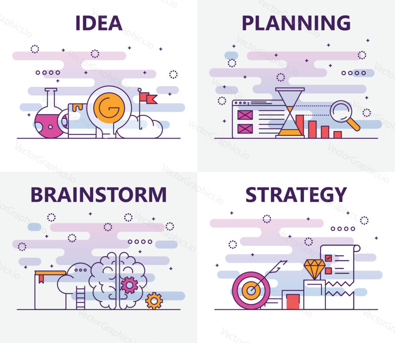 Vector set of banners with Idea, Planning, Brainstorm, Strategy concept web templates. Modern thin line flat symbols, icons for web, print.