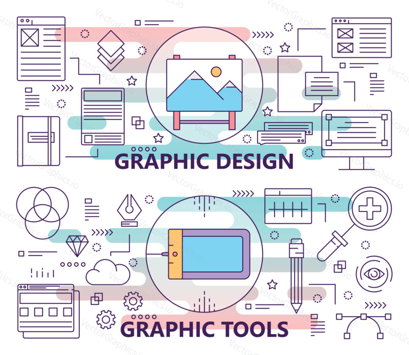 Vector set of banners with graphic design and graphic tools concept templates. Modern thin line flat design elements, symbols, icons for website menu.