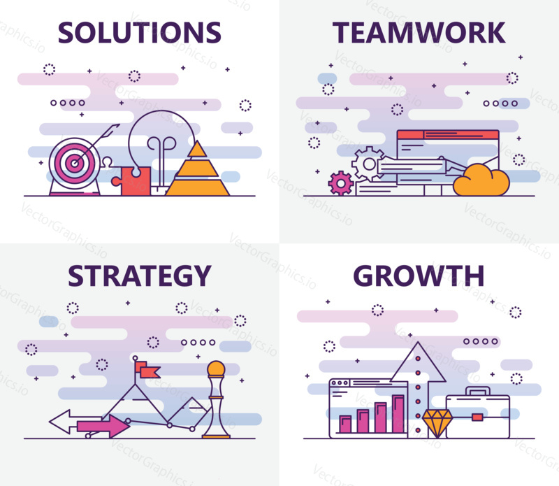 Vector set of vertical banners with Solutions, Teamwork, Strategy, Growth concept web templates. Modern thin line flat symbols, icons for website menu, print.