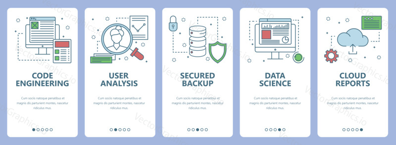 Vector set of vertical banners with Code engineering, User analysis, Secured backup, Data science, Cloud report concept web elements. Modern thin line flat symbols, icons for website menu, print.