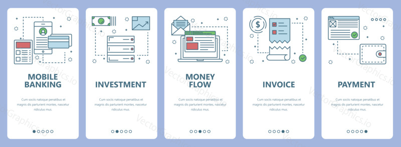 Vector set of vertical banners with Mobile banking, Investment, Money flow, Invoice and Payment concept web elements. Modern thin line flat symbols, icons for website menu, print.