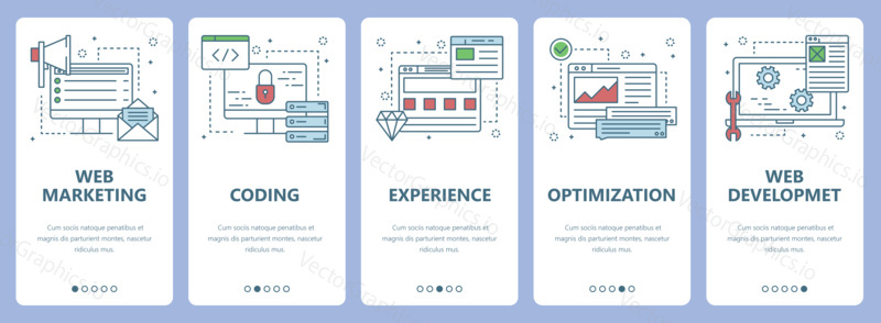 Vector set of vertical banners with Web marketing, Coding, Experience, Optimization, Web development concept web elements. Modern thin line flat symbols, icons for website menu, printing.