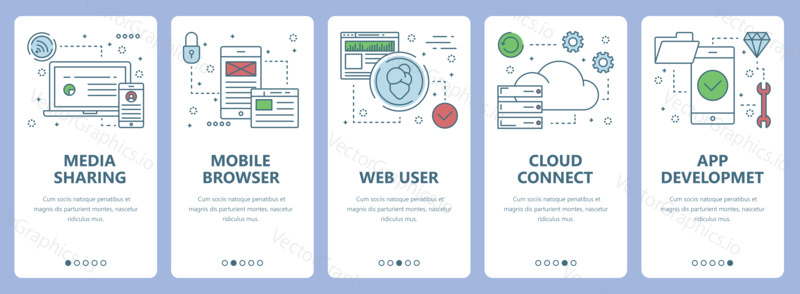 Vector set of vertical banners with Media sharing, Mobile browser, Web user, Cloud connect, App development concept web elements. Modern thin line flat symbols, icons for website menu, print.