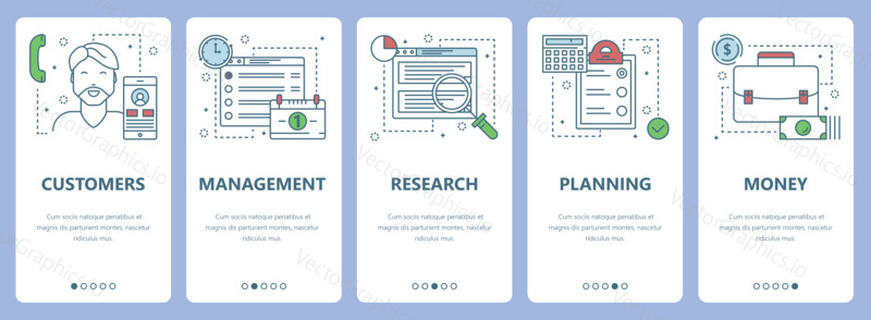 Vector set of workflow concept vertical banners. Customers, Management, Research, Planning and Money web elements. Modern thin line flat symbols, icons for website menu, print.