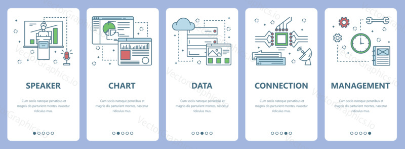 Vector set of vertical banners with Speaker, Chart, Data, Connection, Management concept web elements. Modern thin line flat symbols, icons for website menu, print.