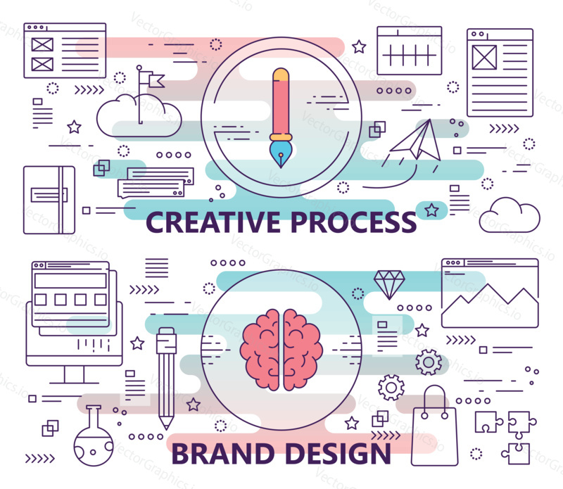 Vector set of banners with creative process and brand design concept templates. Modern thin line flat design elements, symbols, icons for website menu.
