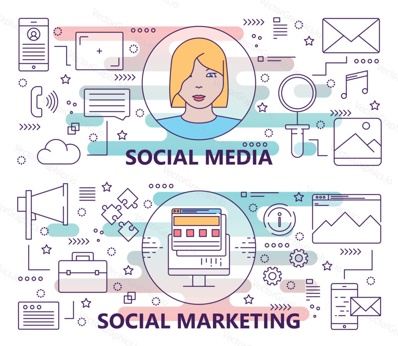 Vector set of banners with social media and social marketing concept templates. Modern thin line flat design elements, symbols, icons for website menu, marketing.