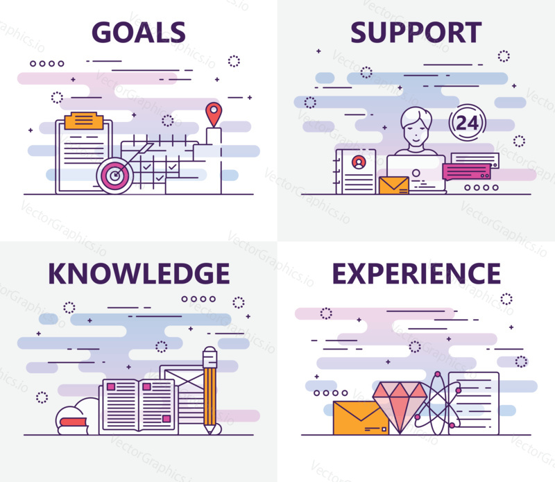 Vector set of banners with goals, support, knowledge, experience concept elements. Thin line flat design symbols and icons for website menu, printing.