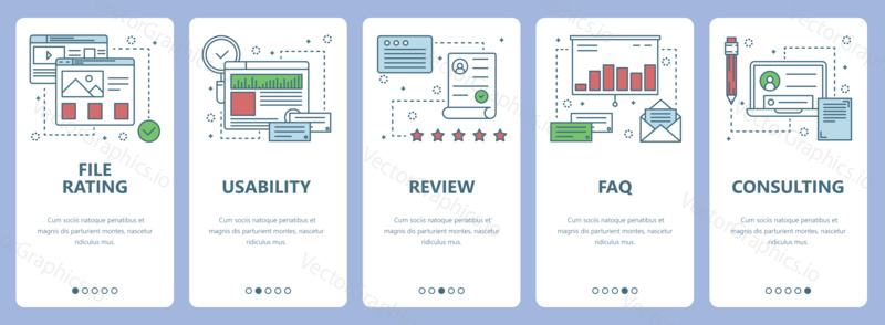 Vector set of vertical banners with File rating, Usability, Review, FAQ, Consulting concept web elements. Modern thin line flat symbols, icons for website menu, print.
