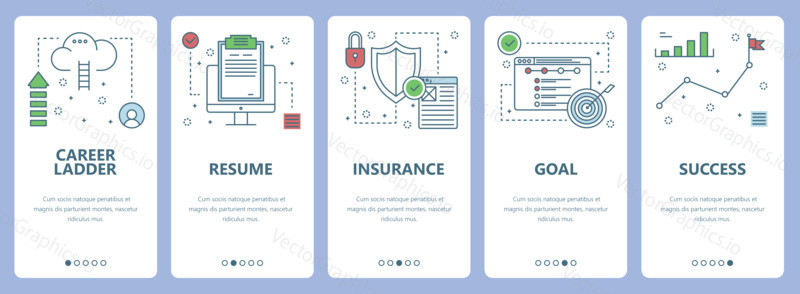 Vector set of vertical banners with Career ladder, Resume, Insurance, Goal, Success concept web elements. Modern thin line flat symbols, icons for website menu, print.