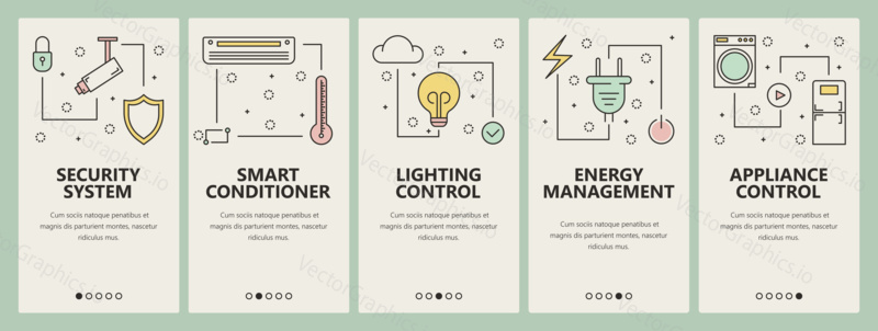 Vector set of smart home concept vertical banners. Security system, Smart conditioner, Lighting control, Energy management, Appliance control web templates. Modern thin line flat icons for web, print.
