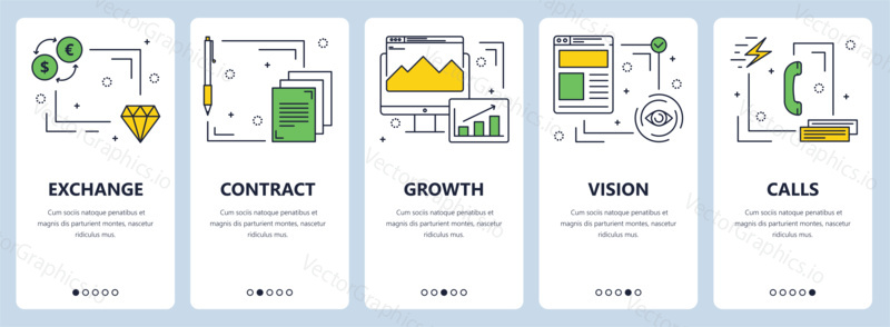 Векторный набор вертикальных баннеров с шаблонами веб-сайтов Exchange, Contract, Growth, Vision, Calls concept. Современные тонкие линии плоского стиля дизайна элементов для веба, печати.