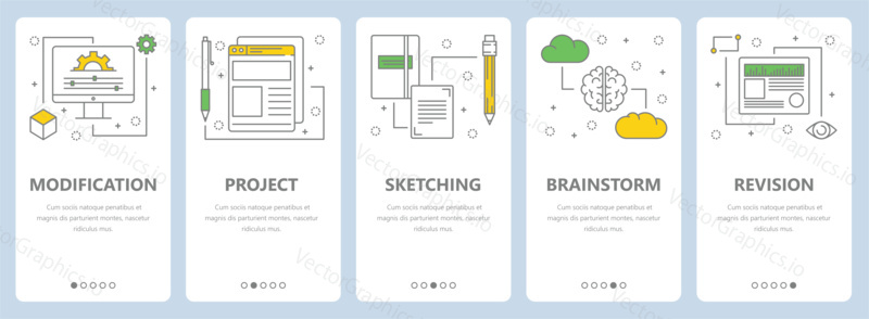 Vector set of vertical banners with Modification, Project, Sketching, Brainstorm and Revision concept web templates. Modern thin line art style design elements, symbols, icons for website menu, print.