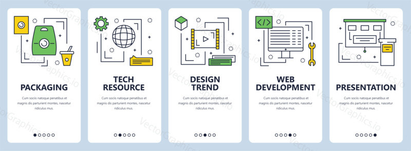 Vector set of vertical banners with Packaging, Tech resource, Design trend, Web development, Presentation concept website templates. Modern thin line flat style design elements for web, print.