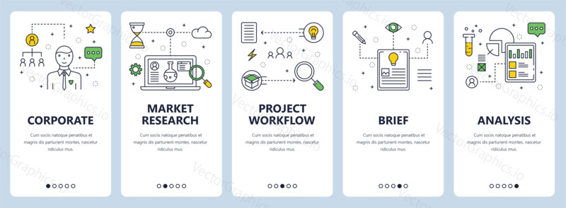 Vector set of vertical banners with Corporate, Market research, Project workflow, Brief, Analysis concept website templates. Modern thin line flat style design elements for web, print.