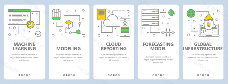 Vektorová sada koncepčních bannerů pro vědu o datech. Strojové učení, modelování, cloud reporting, prognostický model, globální šablony webových stránek infrastruktury. Moderní tenké linie ploché symboly, ikony pro web, tisk