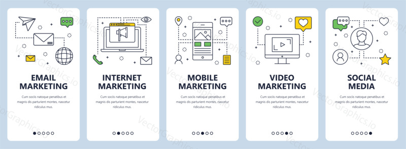 Vector set of vertical banners with email, internet, mobile and video marketing, social media concept website templates. Modern thin line flat style design elements for web, print.