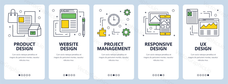 Vector set of vertical banners with Product design, website design, Project management, Responsive design and ux design concept website templates. Modern thin line flat elements for web, print.
