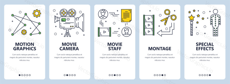 Vector set of video production concept vertical banners. Motion, Movie camera, Movie staff, Montage, Special effects website templates. Modern thin line flat style design elements for web, print.
