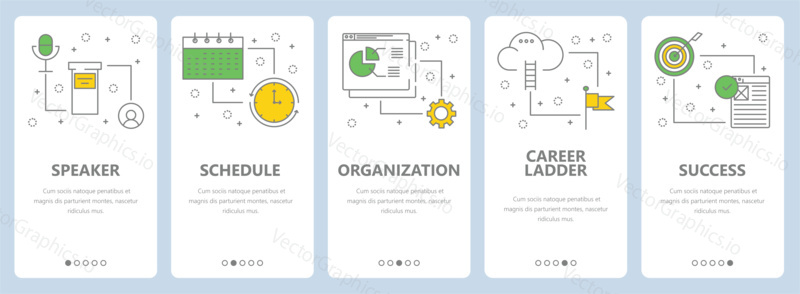 Vektorová sada bannerů business management concept. Řečník, plán, organizace, kariérní žebřík, šablony webových stránek úspěchu. Moderní tenké linie ploché symboly, ikony pro web, tisk.