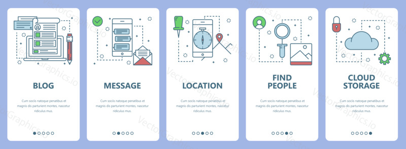 Vector set of social media concept vertical banners. Blog, Message, Location, Find people, Cloud storage web templates. Modern thin line flat symbols, icons for web, print.