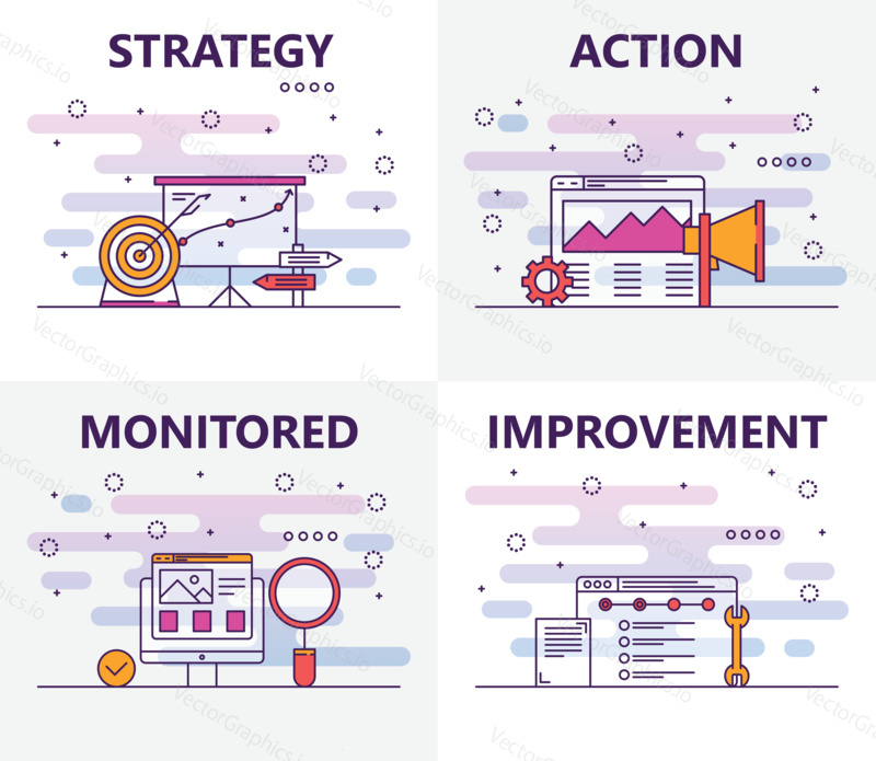 Vector set of action plan concept banners. Strategy, Action, Monitored and Improvement templates. Modern thin line flat symbols, icons for web, print.