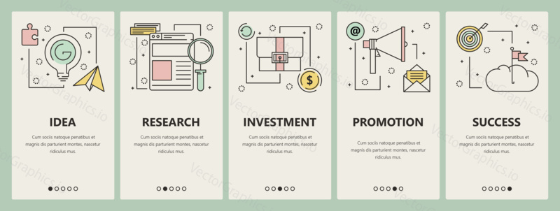 Vector set of startup concept vertical banners. Idea, Research, Investment, Promotion and Success web templates. Modern thin line flat symbols, icons for web, print.