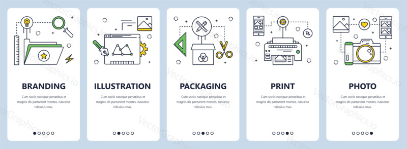 Vector set of vertical banners with Branding, Illustration, Packaging, Print and Photo concept website templates. Modern thin line flat style design elements for web, print.