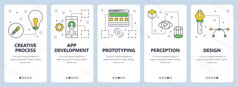 Vector set of vertical banners with Creative process, App development, Prototyping, Perception, Design website templates. Modern thin line flat style design.