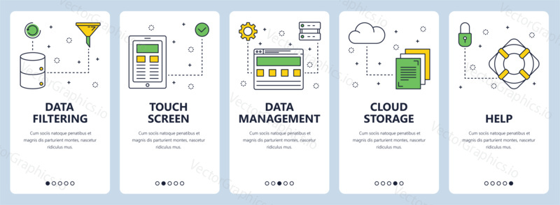 Vector set of vertical banners with Data filtering, Touch screen, Data management, Cloud storage, Help concept website templates. Modern thin line flat style design.