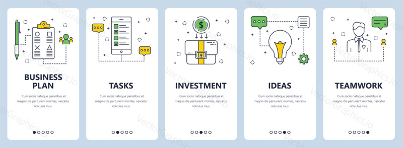 Vector set of vertical banners with Business plan, Tasks, Investment, Ideas, Teamwork website templates. Modern thin line flat style design.