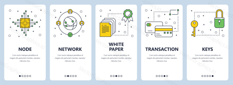 Vector set of vertical banners with Node, Network, White paper, Transaction, Keys concept website templates. Modern thin line flat style design.
