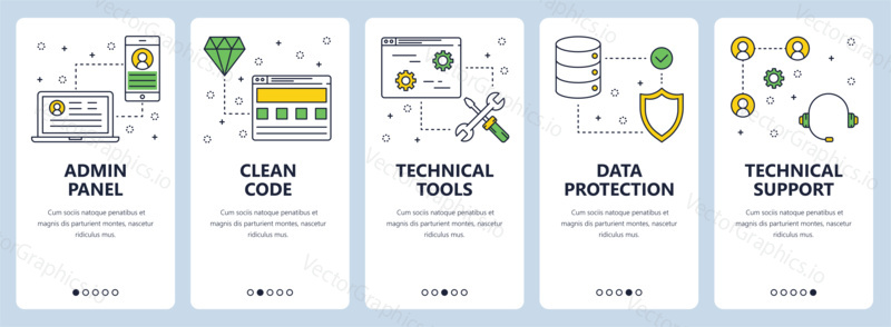Vector set of vertical banners with Admin panel, Clean code, Technical tools, Data protection, Technical support concept web elements. Modern thin line flat style design.