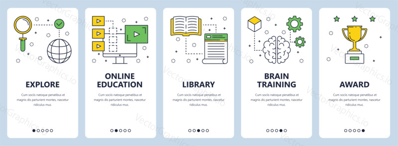 Векторный набор вертикальных баннеров с шаблонами сайтов Explore, Online education, Library, Brain training, Award. Современный дизайн в плоском стиле с тонкой линией.