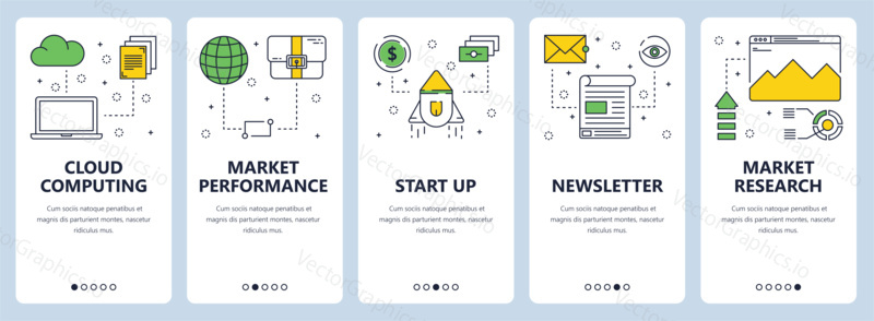 Vector set of vertical banners with Cloud computing, Market performance, Start up, Newsletter, Market research concept website templates. Modern thin line flat style design.