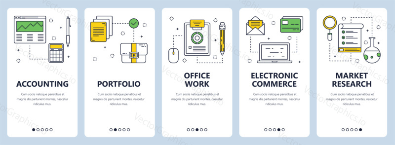 Vector set of vertical banners with Accounting, Portfolio, Office work, Electronic commerce, Market research concept web elements. Modern thin line flat style design.