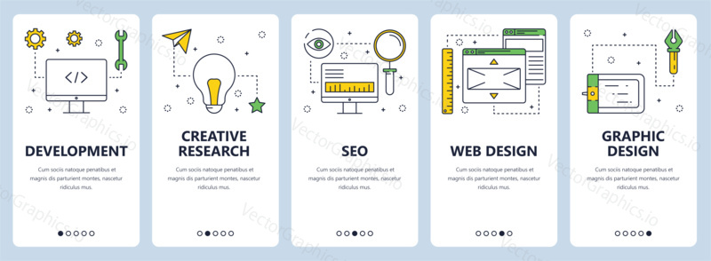 Векторный набор вертикальных баннеров с разработкой, творческими исследованиями, SEO, веб-дизайном, графическим дизайном шаблонов сайтов. Современный дизайн в плоском стиле с тонкой линией.