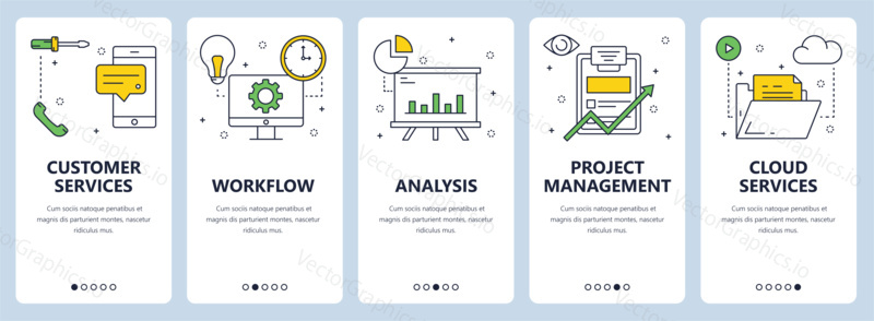 Vector set of vertical banners with Customer services, Workflow, Analysis, Project management, Cloud services website templates. Modern thin line flat style design.