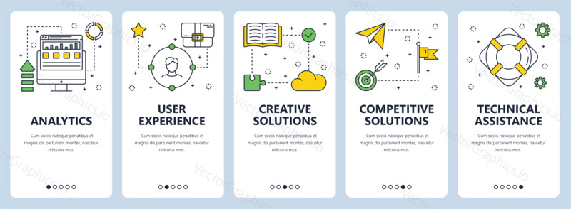 Vector set of vertical banners with Analytics, User experience, Creative solutions, Competitive solutions, Technical assistance website templates. Modern thin line flat style design.