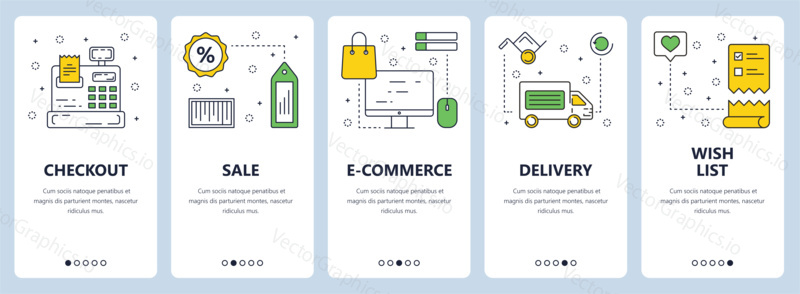 Vector set of vertical banners with Checkout, Sale, E-commerce, Delivery, Wish list concept website templates. Modern thin line flat style design.