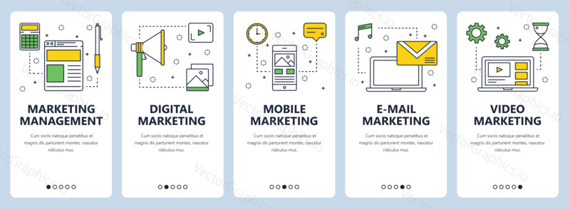 Vector set of vertical banners with Marketing management, Digital, Mobile, E-mail and Video Marketing website templates. Modern thin line flat style design.