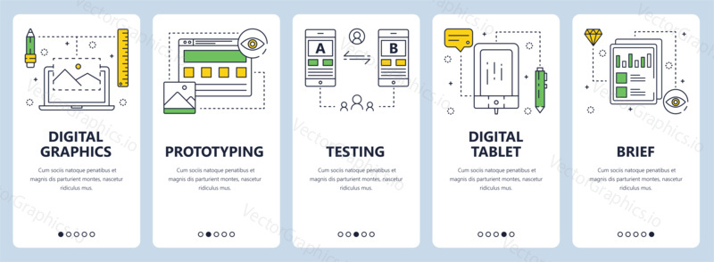Vector set of vertical banners with Digital graphics, Prototyping, Testing, Digital tablet, Brief website templates. Modern thin line flat style design.