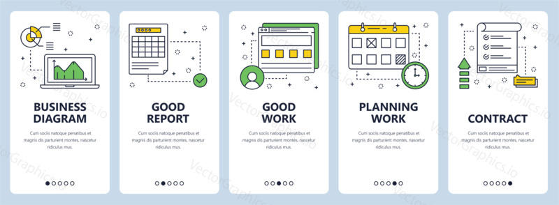 Vector set of vertical banners with Business diagram, Good report, Good work, Planning work, Contract website templates. Modern thin line flat style design.