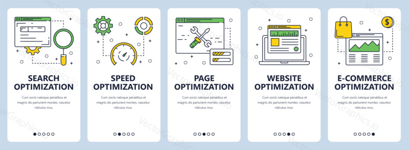 Vector set of vertical website banners. Search optimization and speed, page, website and e-commerce optimization web templates. Modern thin line flat style design.
